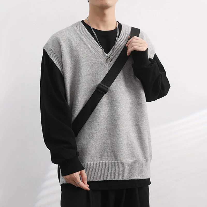 Men Knitted Sweater Vest Solid Color Autumn Winter Sleeveless V-neck Pullovers Male Casual Loose Waistcoat Korean Style KnitwearXJ241221