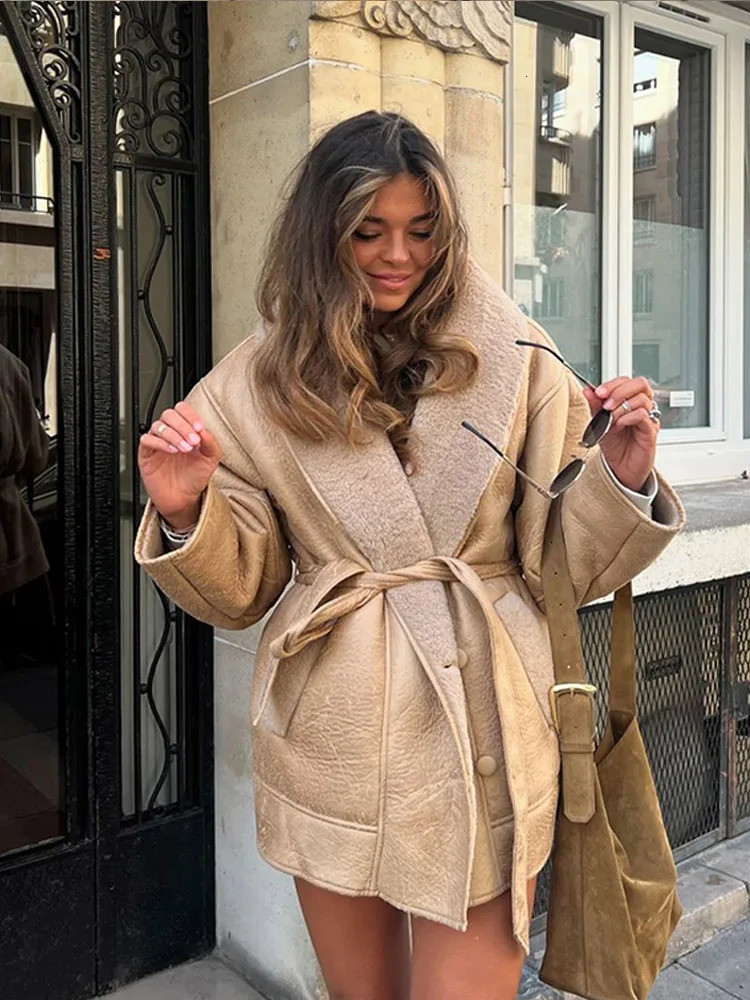 Fashion Double-breasted Large Lapel Lamb Wool Leather Patchwork Coat Full Sleeve Double Pockets Belt Jacket Lady Winter Wear 241216