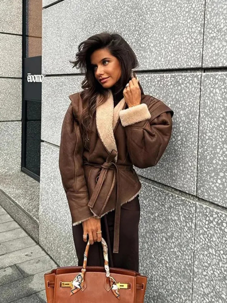TRAF Womens Fur One Warm Suede Jacket Autumn and Winter High Street Vintage Long Sleeve Belted n Womenswear 241216