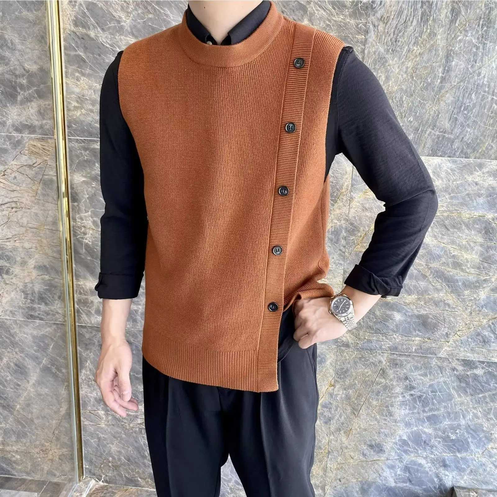 Asymmetric Design Mens knitted Vest Spring and Autumn Sleeveless O-neck Sweater Coat Korean Fashion Tank Tops Male WaistcoatXJ241221