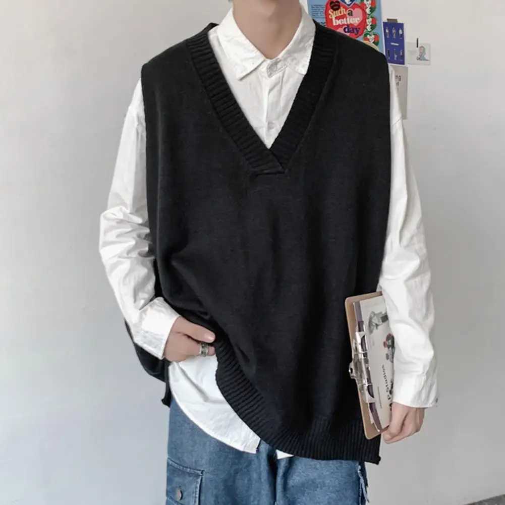 Knitting Trendy Oversized Winter Sweater Vest Preppy Style Men Autumn Sweater Sleeveless for Daily WearXJ241221