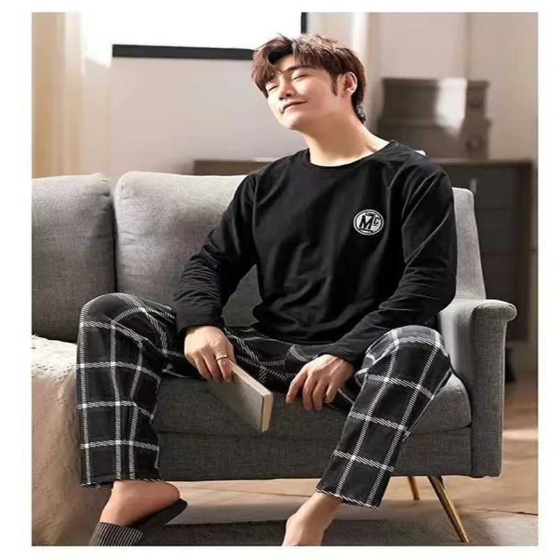 Mens long sleeved cotton autumn and winter pajamas can be worn over casual plus gray striped pajamas W241221