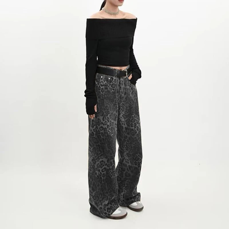 Retro Jeans For Women Vintage Leopard Print Wide Leg Pants Woman Mens Loose Denim Jeans Barrel Jeans Streetwear 241220