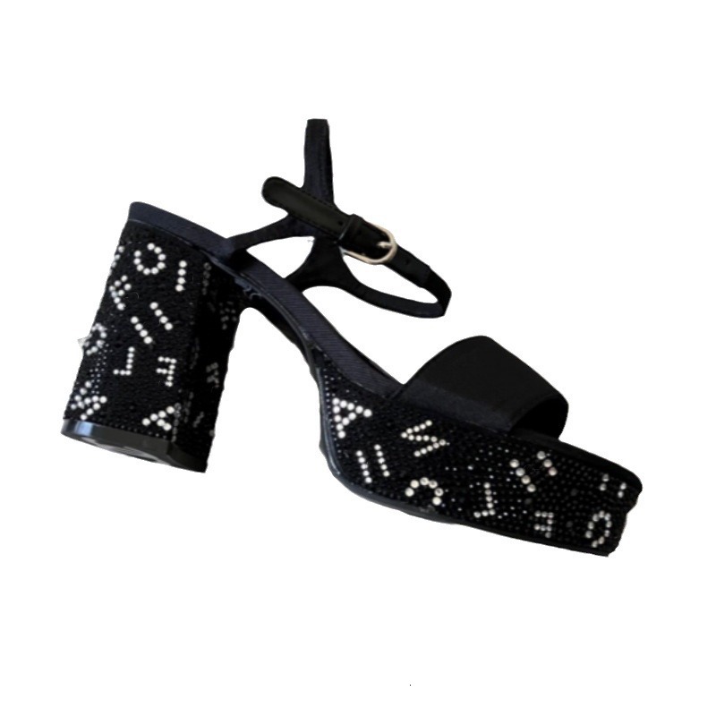 2024 New Open Toe Rhinestone Letter Thick Heel Straight Buckle Sexy High-Heeled Sandals With High Waterproof Platform