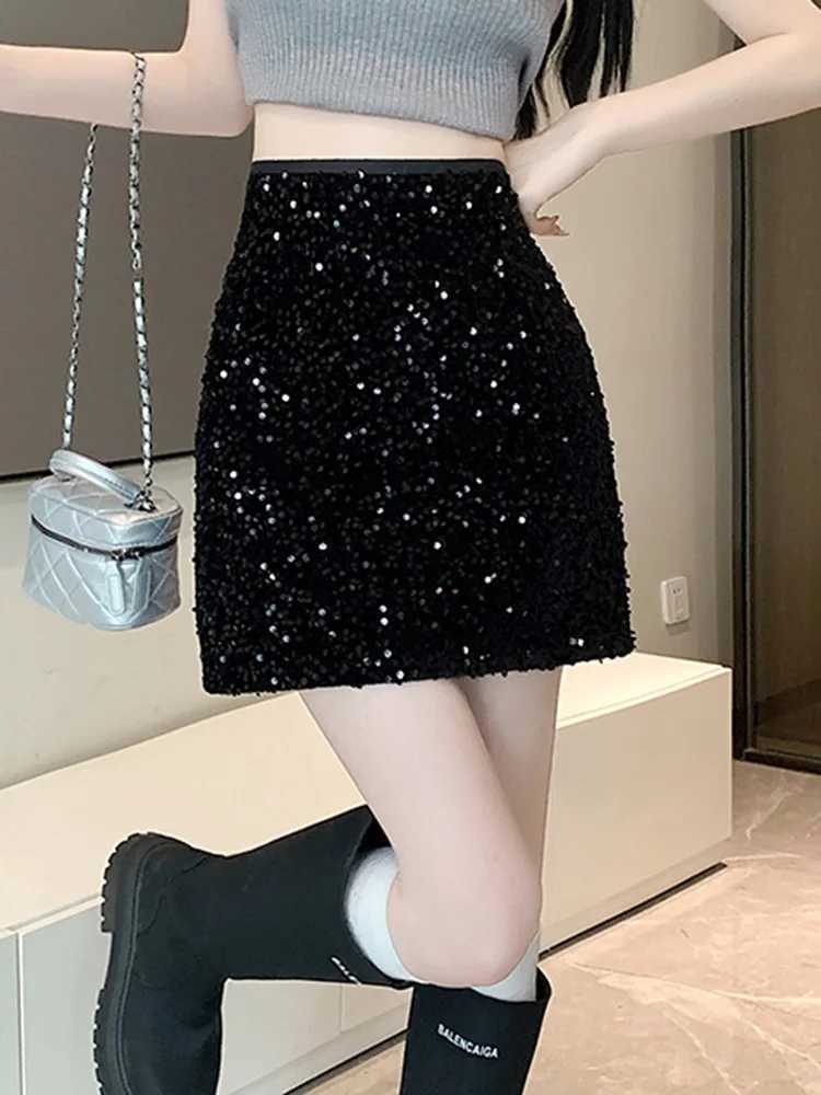 Womens New 2024 Summer Sexy Casual High Waisted Slim A-line Buttock Short Skirt Womens Design Silver Sparkling Glitter SequinXJ241221