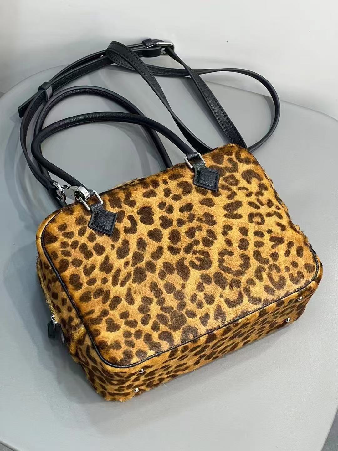 2025 Winter Leopard Print Horsehair/Suede Cow Leather Boston Pillow Tote New Design Women Tote Crossbody Shoulderbox Bag