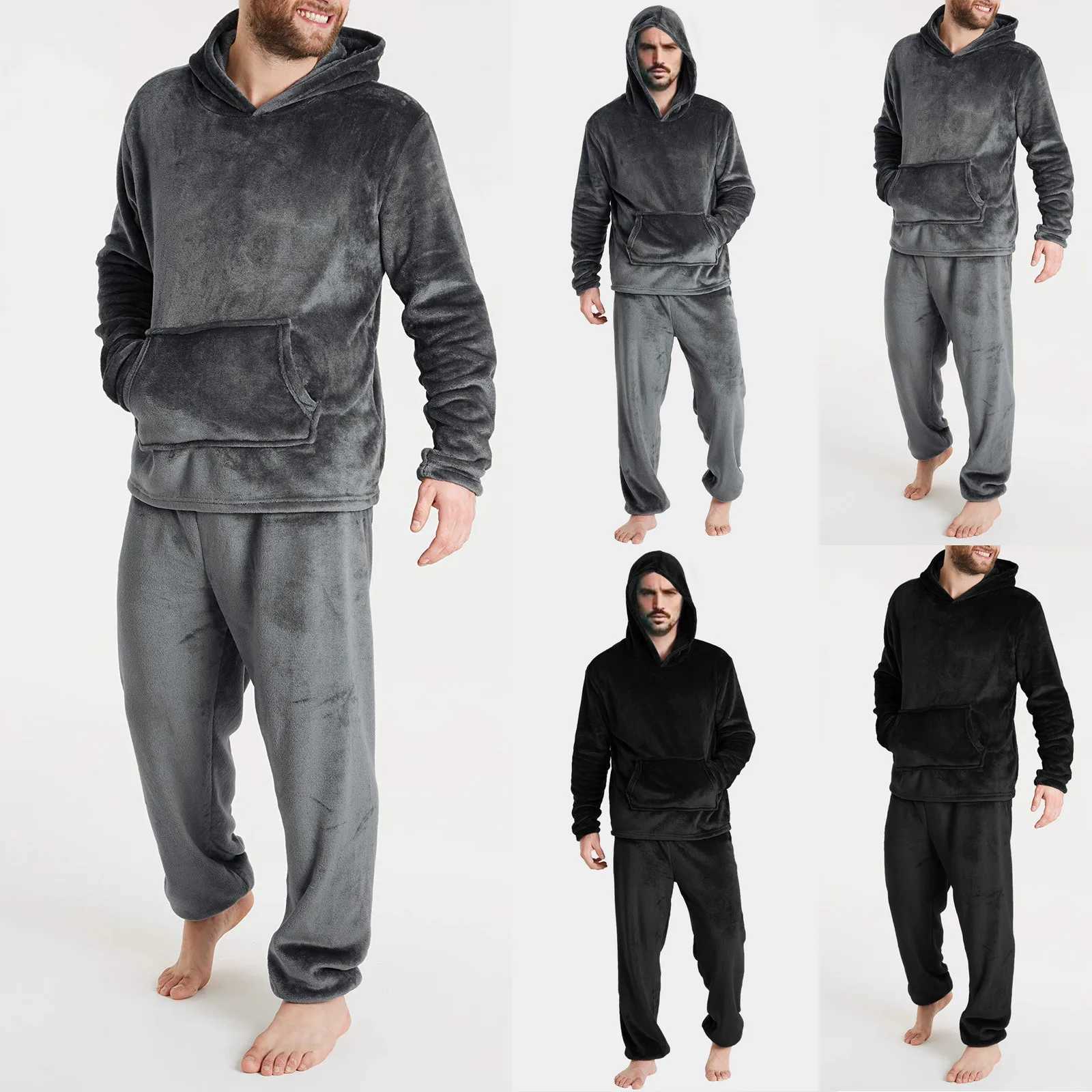 Winter mens wool casual long sleeved pajamas set coral velvet solid color pajamas mens plush thick hooded sweater W241221