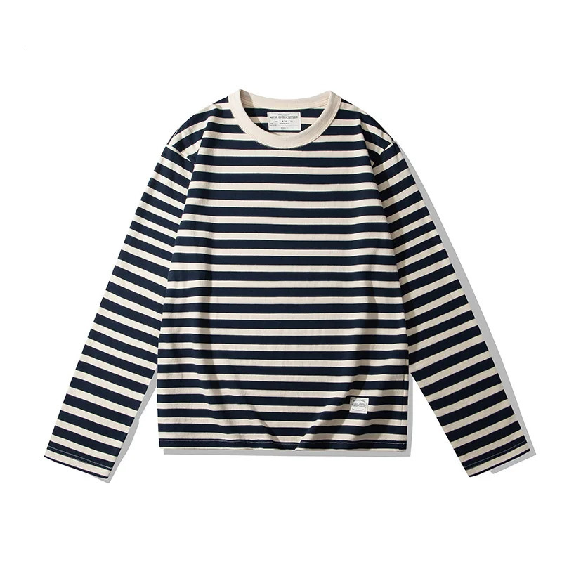 Vintage Sailors Striped T Shirts for Men Spring Long Sleeve 230GSM 100% Cotton Washed Tshirt Youth Male Unisex Tees Tops 241217