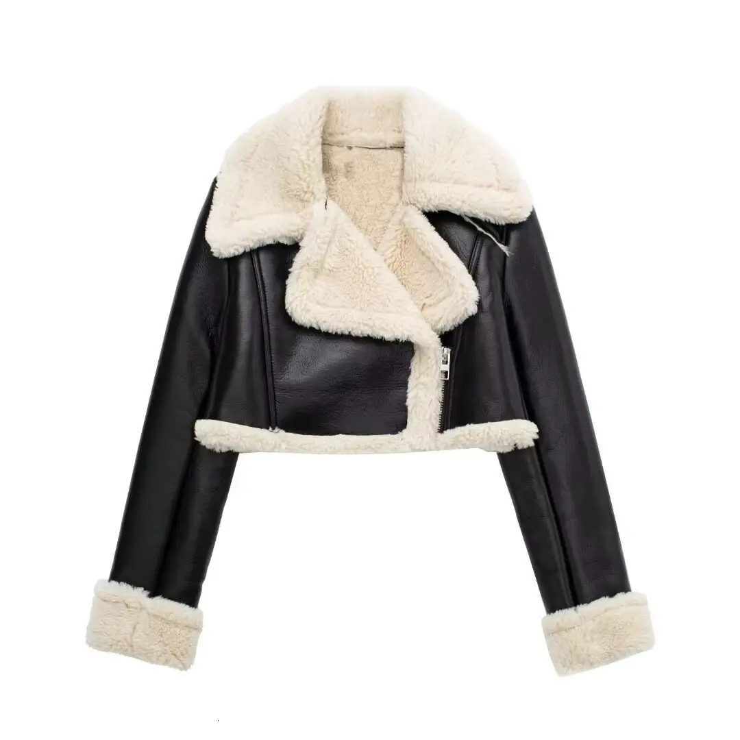 Women Double Faced Biker Jacket Faux Leather Warm Lambswool Thicken Tabbed Lapel Female Short Coat PU Outerwear 241216