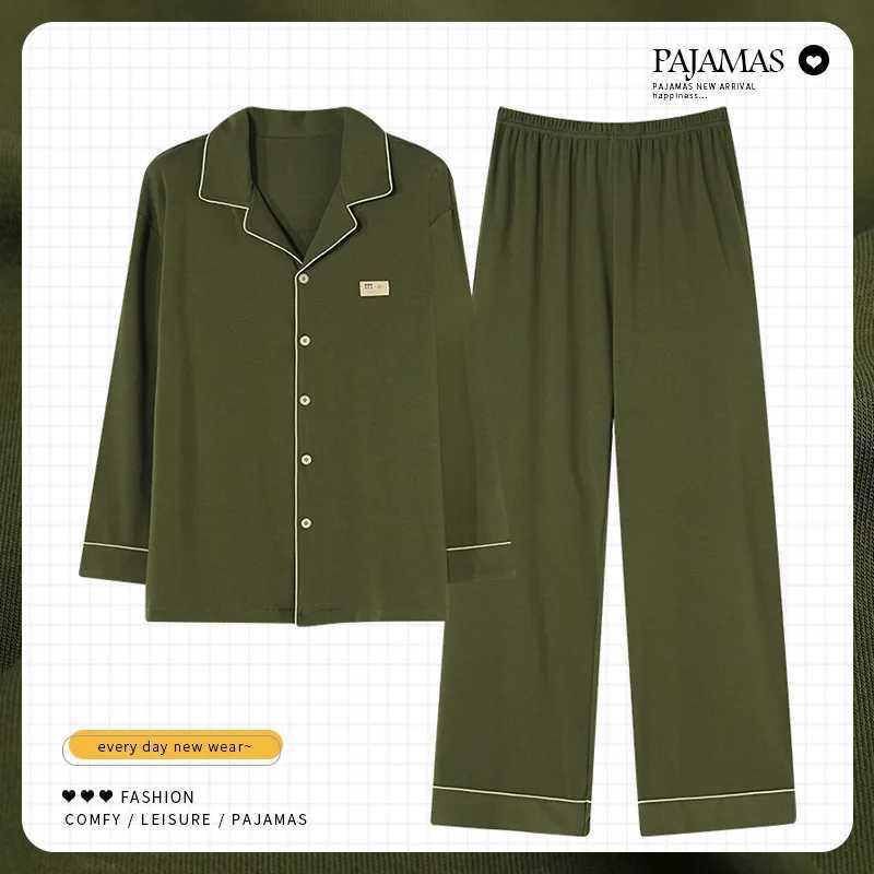 Mens cotton lapel loose long sleeved green casual wear spring and autumn sleepwear large size L-4XL cardigan set pijma hombre W241221