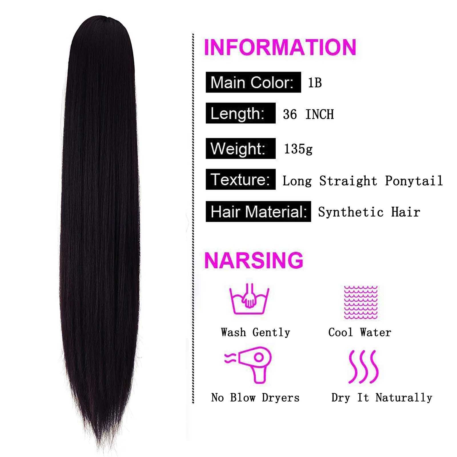 Teresahr Synthetic 36 inch Ponytail Extension Half Yaki Drawstring Ponytail Black Long Kinky Straight 50% Yaki Pony TailsXJ241221