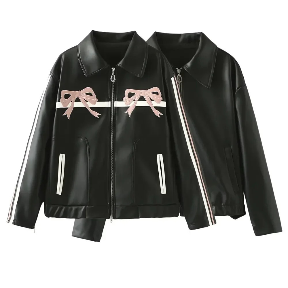 Sweet and cool bow tie leather jacket for women autumn winter n casual black 241216