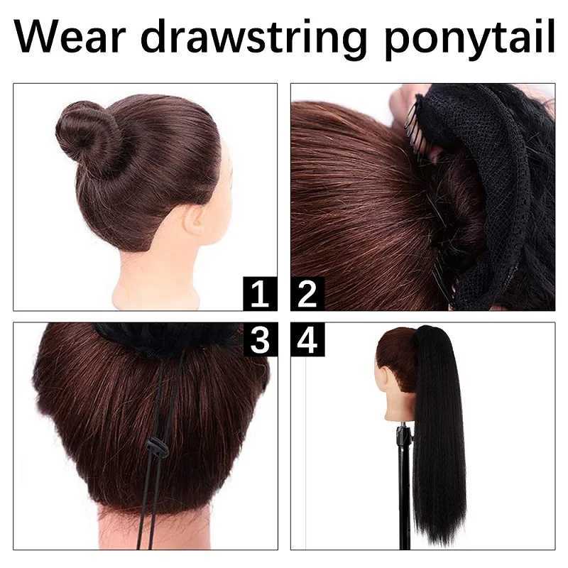 22Inch Synthetic Afro Long Straight Ponytail Hair Extension Yaki Drawstring Wrap Clip Hair Black Hairpiece for WomenXJ241221