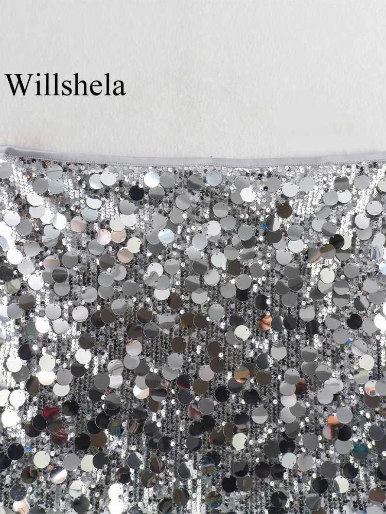 Willshela Women Fashion With Sequined Solid Side Zipper Mini Skirt Vintage High Waist Fe Chic Lady SkirtsXJ241221