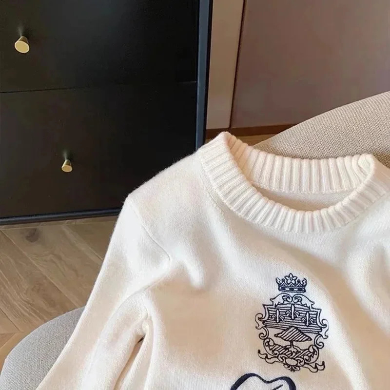 Letters Embroidery Pullover Sweater Spring/Summer Womens Round Neck Long Sleeve Knitted Jumper Womens Casual Top 241219