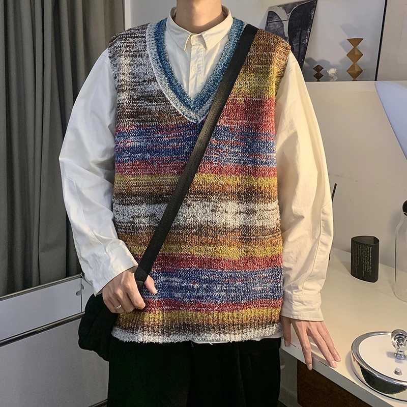2024 Men Spring Autumn Fashion Contrast Color Knitwear Vest Male Gradient Sweater Waistcoat Mens V-neck Sleeveless Tops K461XJ241221