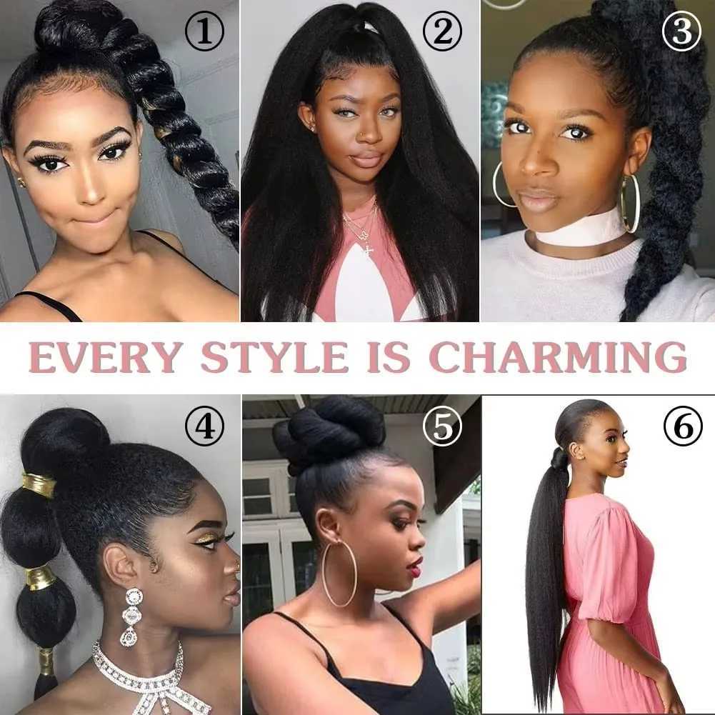 Synthetic Kinky Straight Ponytail Extension for Black Women 24 Long Yaki Wrap Around Magic Paste Ponytail Extension HairpieceXJ241221