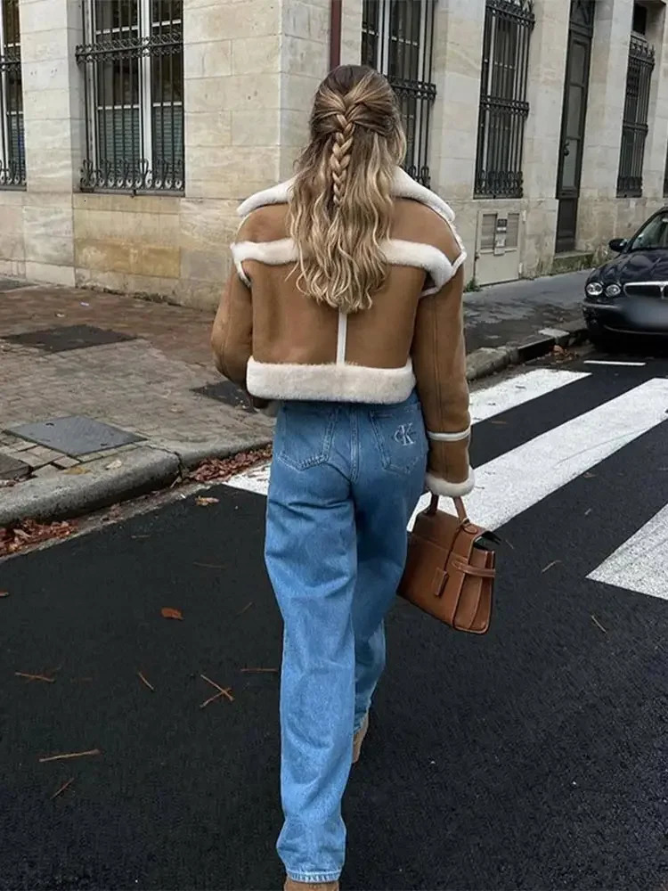 Women Solid Lamb Wool Leather Patchwork Jacket Fashion Lapel Long Sleeve Pocket Short Coat Autumn Winter Lady Warm Outerwear 241216