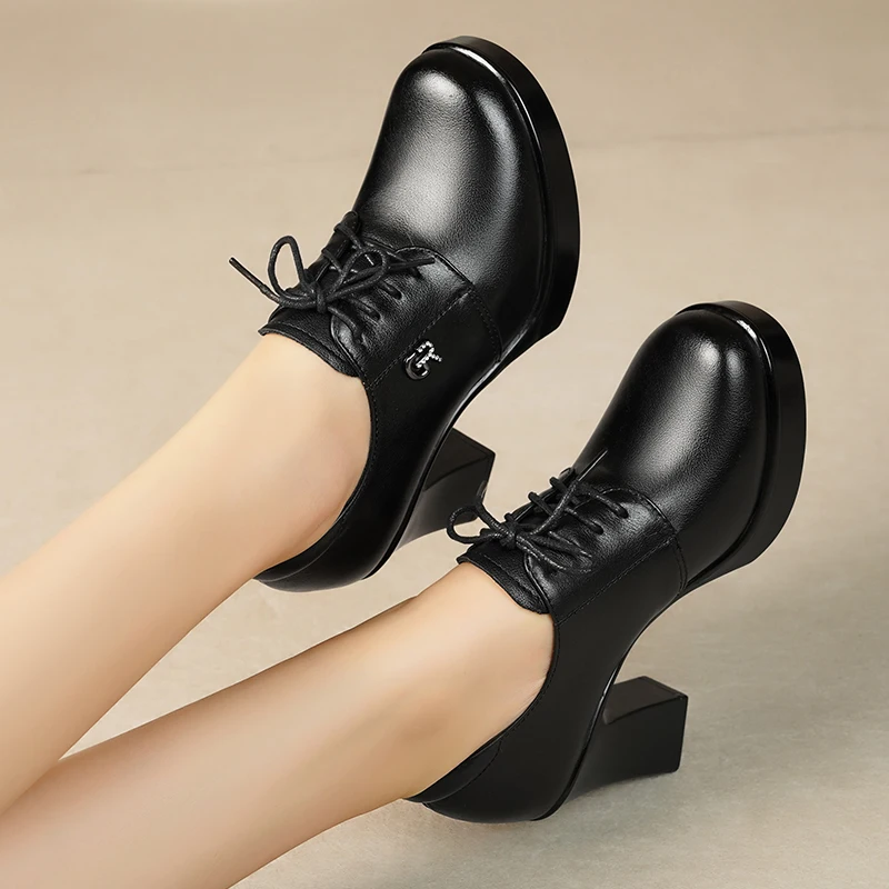 AIYUQI Women High Heels Shoes Fall Genuin Leather Plus Size Women Dress Shoes Lace-up Women Shoes