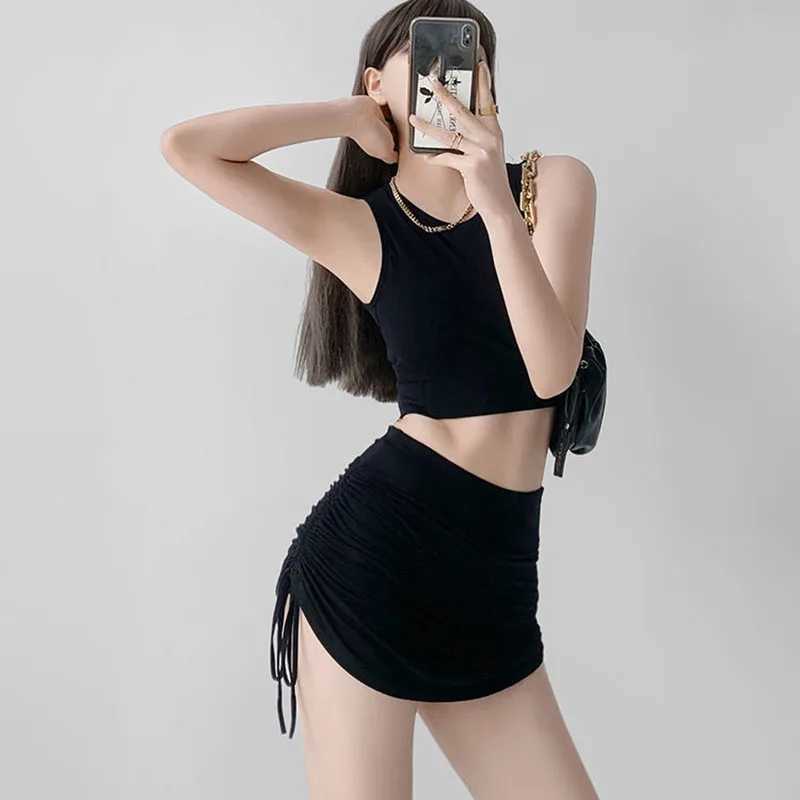 Xpqbb Women Summer Mini Skirts Drstring Sexy High Waist Wrapped Hip Skirt Fe Wild Solid Folds Slim Elastic Shorts SkirtsXJ241221