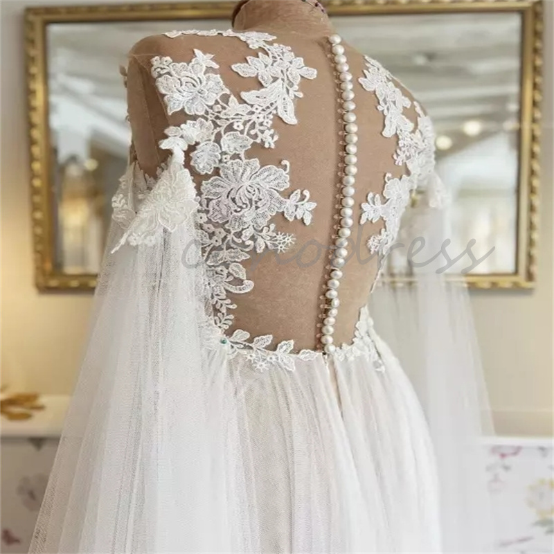 Fairy Cape Sleeve Boho Wedding Dress Ilusion Lace Bohemian Bride Dress A Line Tulle Country Bridal Gown Beach Civil Robe De Mariage 2025 Amazing Vesti