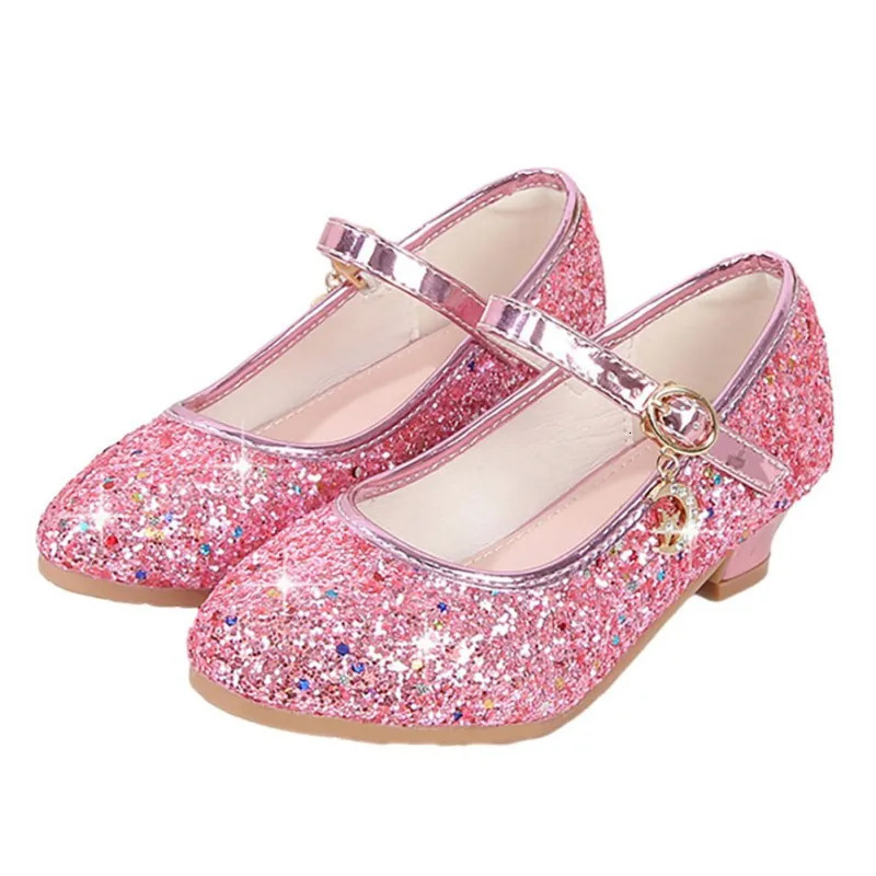 Childrens Glossy High Heel Dance Princess Shoes Girls Non-slip Sequins Shallow Mouth Leather Shoes 26-40 Sizes 241220