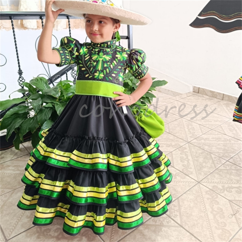 Green Mexican Flower Girls Dress Embroidery Birthday Dress Mariachi Kid Pageant Party A Line Mariach First Holy Communion Dress Caramuza 2025 Short Sl