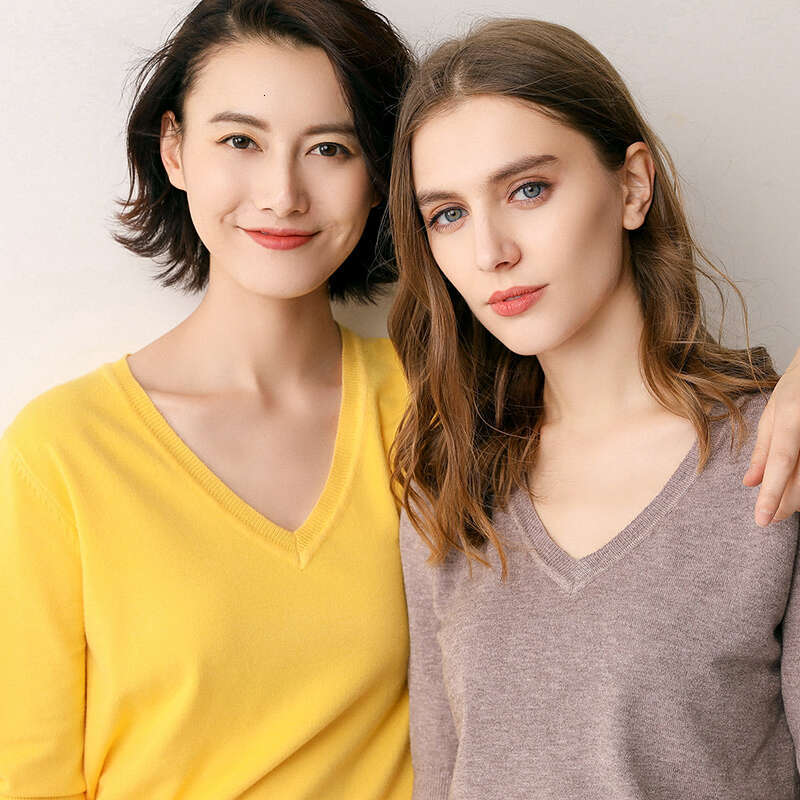 Spring Summer New Short Sleeve Cashmere Sweater Women's Low Collar Loose V-Neck Knit Bottoming Shirt Female Pullover Tops