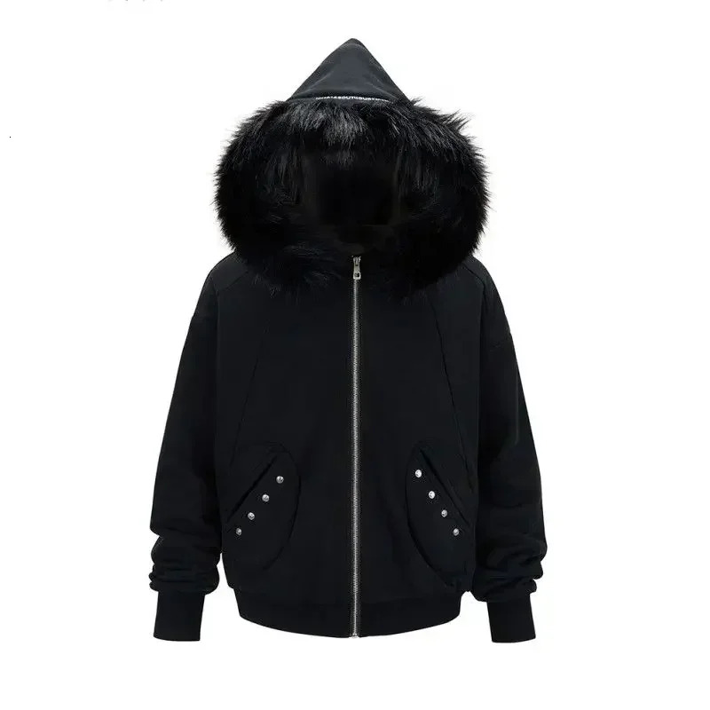 Street Fur Collar Black Zipper Hoodie Loose Casual Sweatshirt Coat Haruku Vintage Thickened Windproof Jacket Men And Women