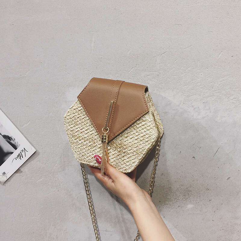 Good Quality Western style woven with textured chain, single shoulder crossbody women's bag, hexagonal bag