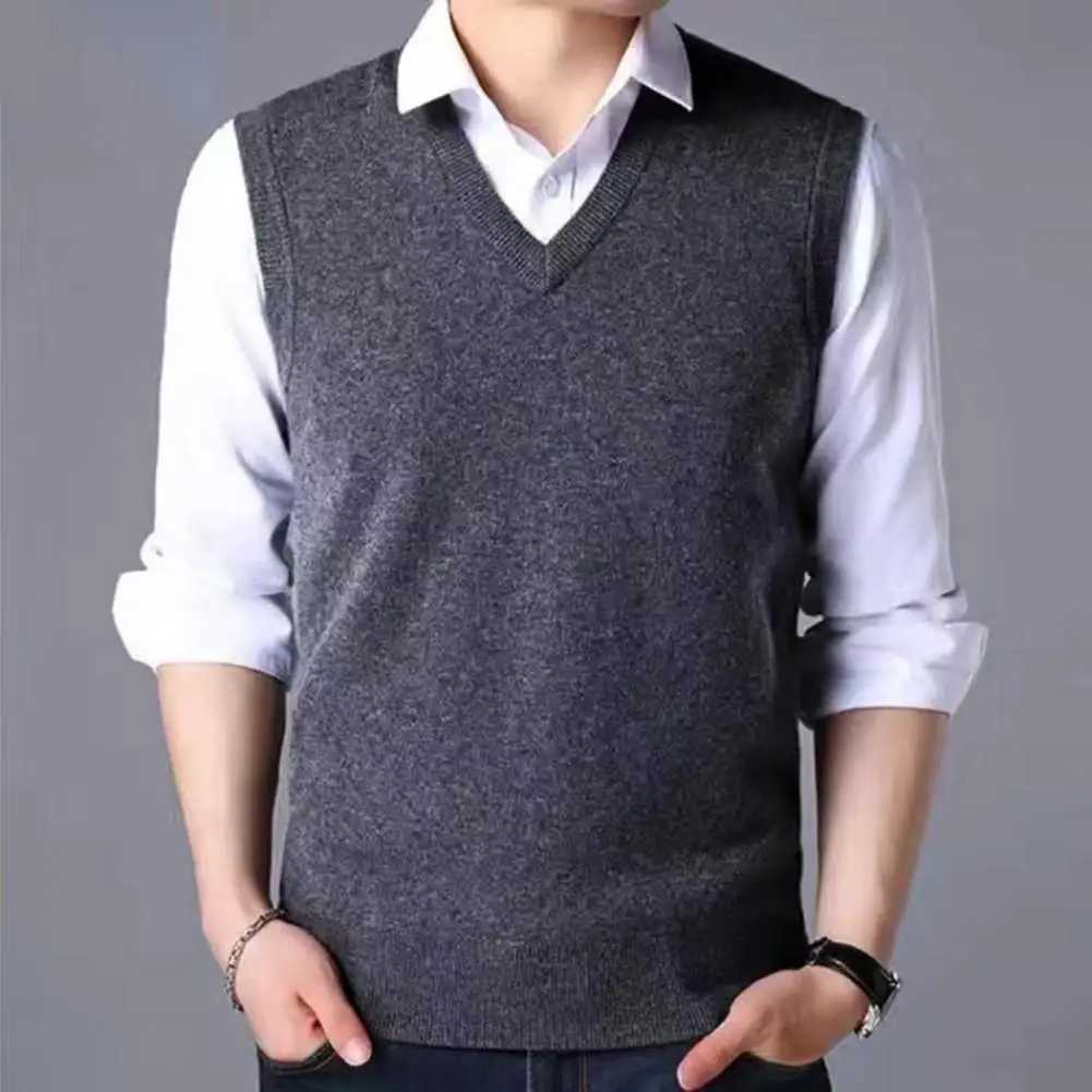 Solid Color Sleeveless Vest Knitted Vest Versatile Mid-aged Mens V-neck Knitted Sweater Vest Slim Fit Sleeveless PulloverXJ241221