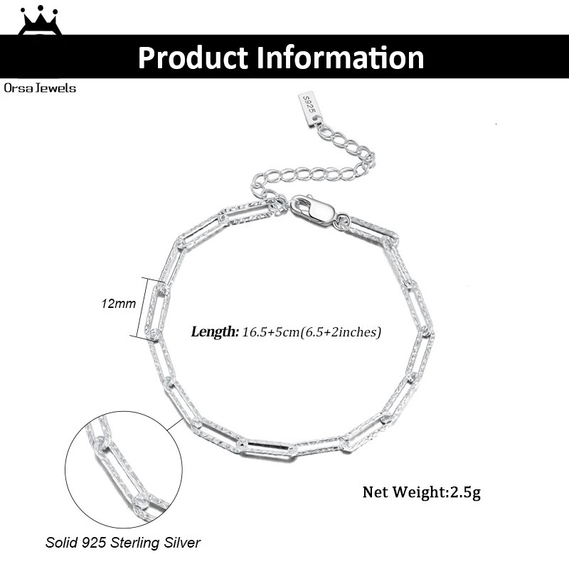 ORSA JEWELS Solid 925 Sterling Silver Bracelet Italian Handmade 3.5mm Paperclip Link Hammered Chain Bracelet for Men Women SB120 241220