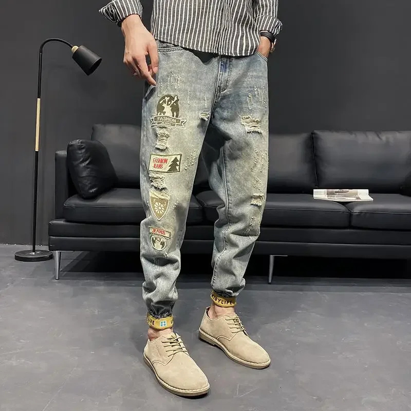 Male Cowboy Pants Torn Harem Ripped Jeans for Men Cargo Cropped Trousers with Holes Broken Classic Grunge Y2k Xs Regular Summer 241218
