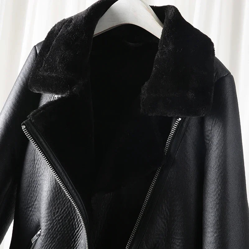 Elegant Women Faux Lamb Wool Fur Leather Jacket Winter Fashion Lady Sashes Black Outerwear Streetwear Female Zipper Suits 241216