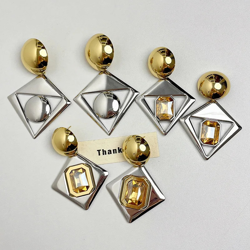 Exaggerated Fashion Glossy Metal Geometric Round Gold Color Silver Crystal Drop Earrings for Women Girls Jewelry Gifts 2024 241220