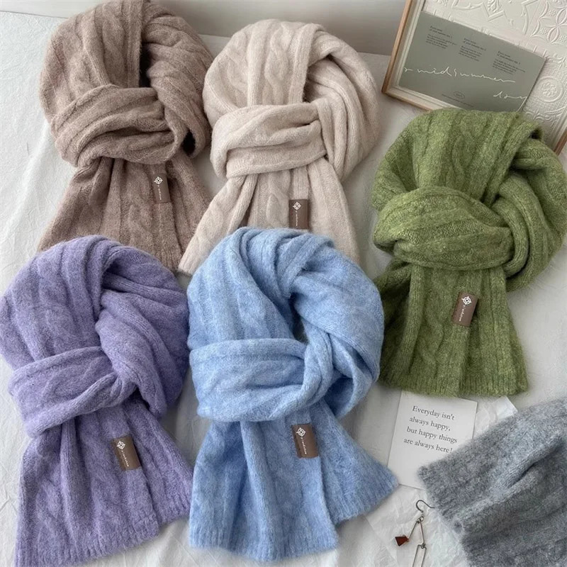 Pure Color Twist Knit Wool Blends Scarf Autumn Winter Lady Men Neckerchief Lovers Student Soft Warm Pashmina Shawl Muffler 241220