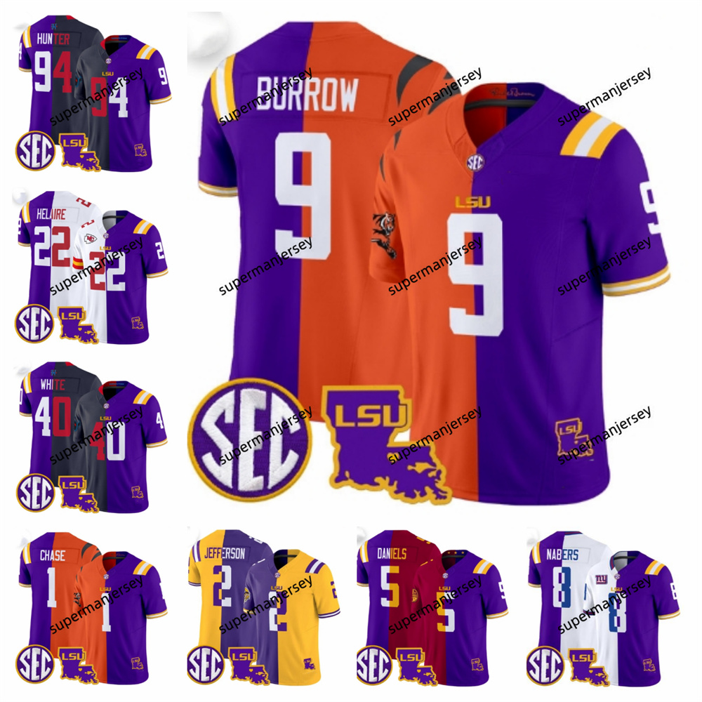2025 NCAA College LSU Tigers Split Football jersey 9 Joe Burrow Burreaux Jerseys 7 HAROLD PERKINS JR 8 NABERS 5 Jayden Daniels 1 CHASE Clyde Edwards-Helaire Devin White