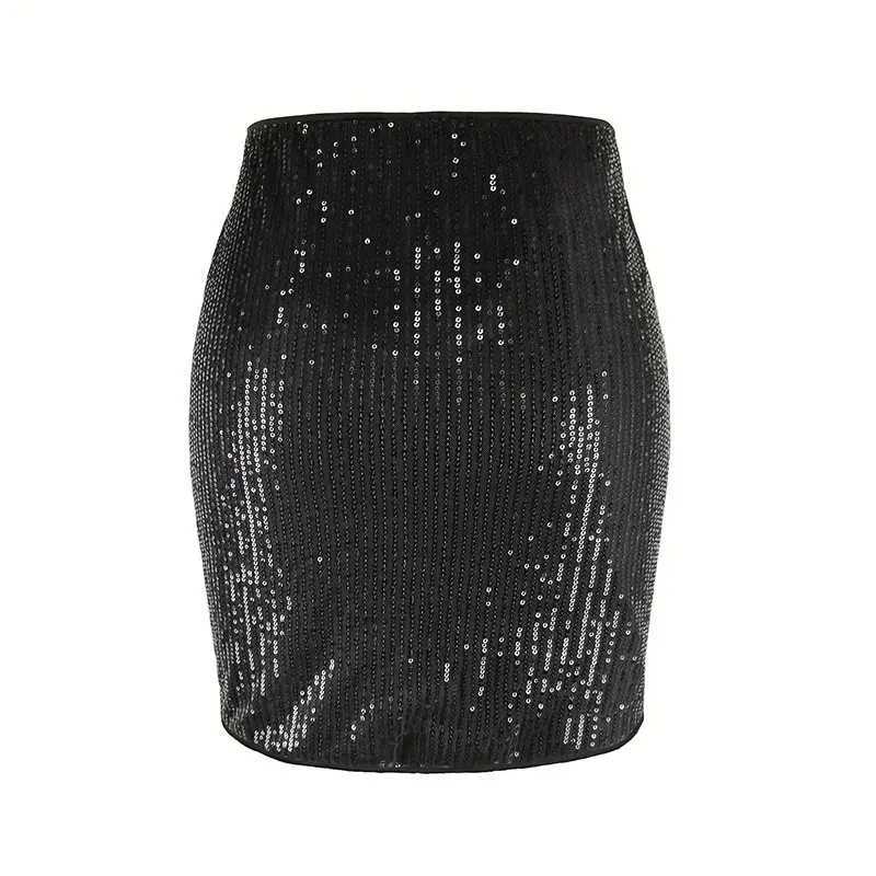 Women Fashion With Sequined Black Silver Side Short Pencil Mini Skirt Vintage High Waist Fe Chic Lady Skirts SummerXJ241221