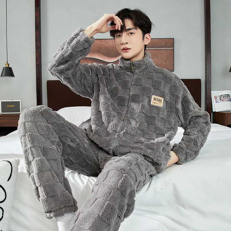 Autumn and winter long plush mens plain flannel sleepwear pants 2-piece home spun womens velvet thick sleepwear zipper Pj W241221