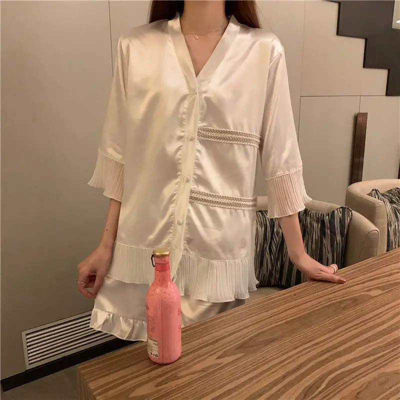 2pcs Silk White Elegant Casual Women Lady Satin Pajamas Set Pyjama Sleepwear Nightwear Loungewear Homewear Set Woman 2 Pieces 241217