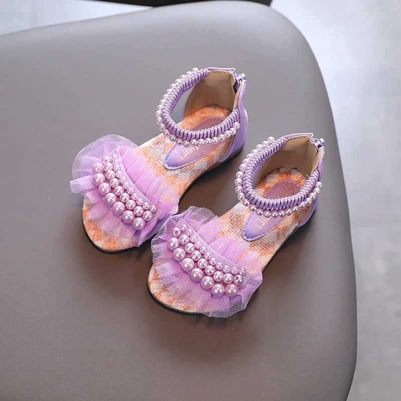 Sandals Girls Sandals Lace Pearl Zipper Sweet Summer Children Sliders Open Toe 21-36 Toddler Fashion Soft Dance Kids Sliders H241217