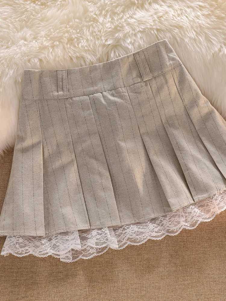 Korean Fashion Short Skirt Lace Trim Cute Pleated Skirts Womens Preppy Style Button Up Summer Mini SkirtXJ241221