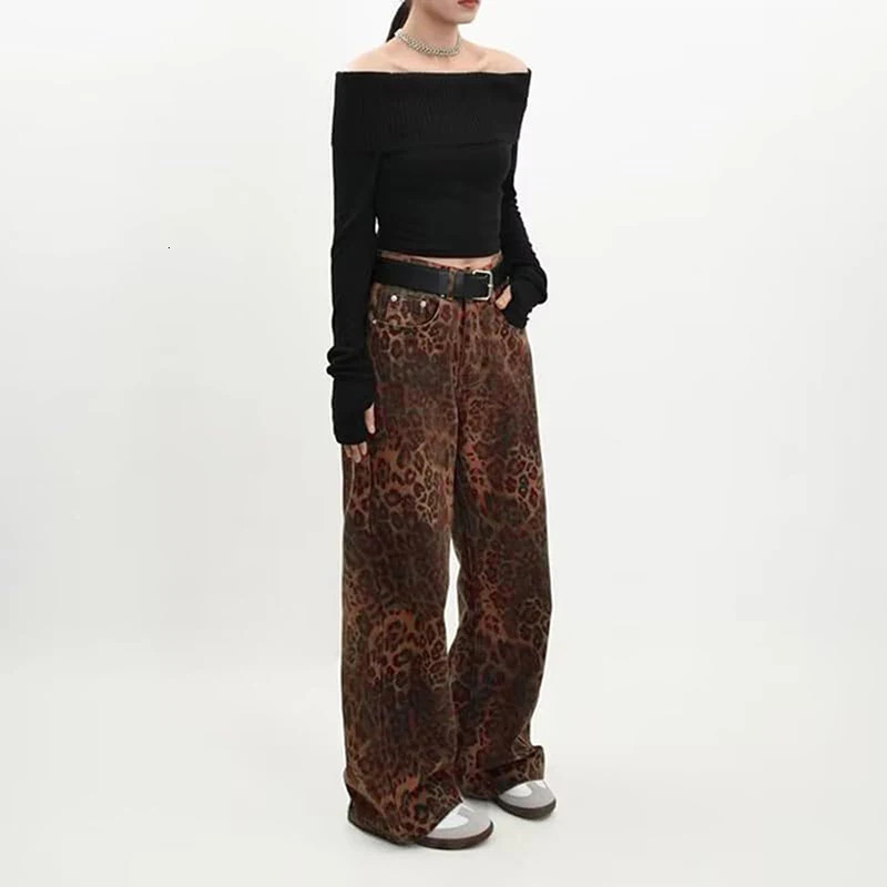 Retro Jeans For Women Vintage Leopard Print Wide Leg Pants Woman Mens Loose Denim Jeans Barrel Jeans Streetwear 241220