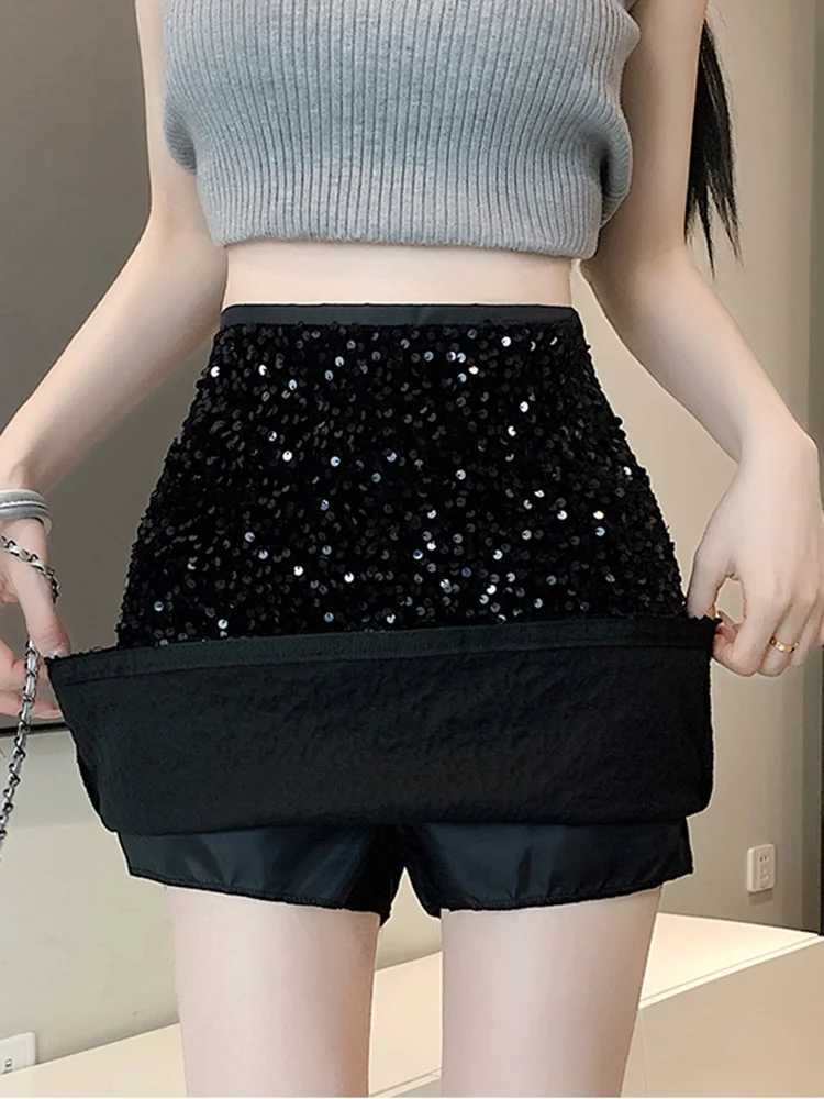 Womens New 2024 Summer Sexy Casual High Waisted Slim A-line Buttock Short Skirt Womens Design Silver Sparkling Glitter SequinXJ241221