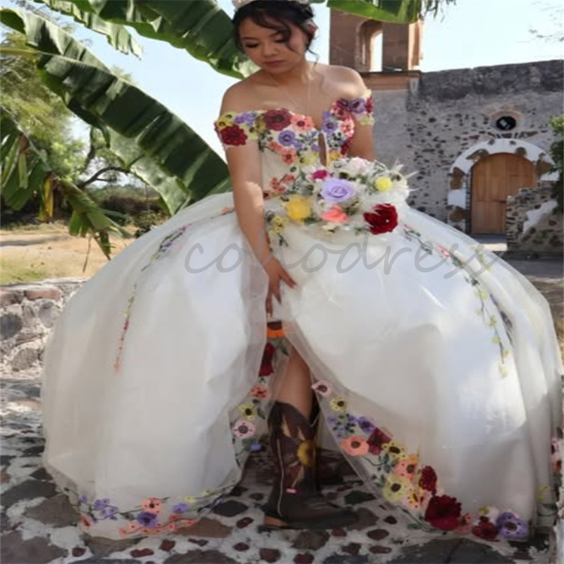 Beautiful Flowers Quinceanera Dress Charro Mexican Off Shoulders Ball Gown Sweet 16 Dress Fifteen Birthday Vestidos De 15 Anos Xv Debutante Princess P