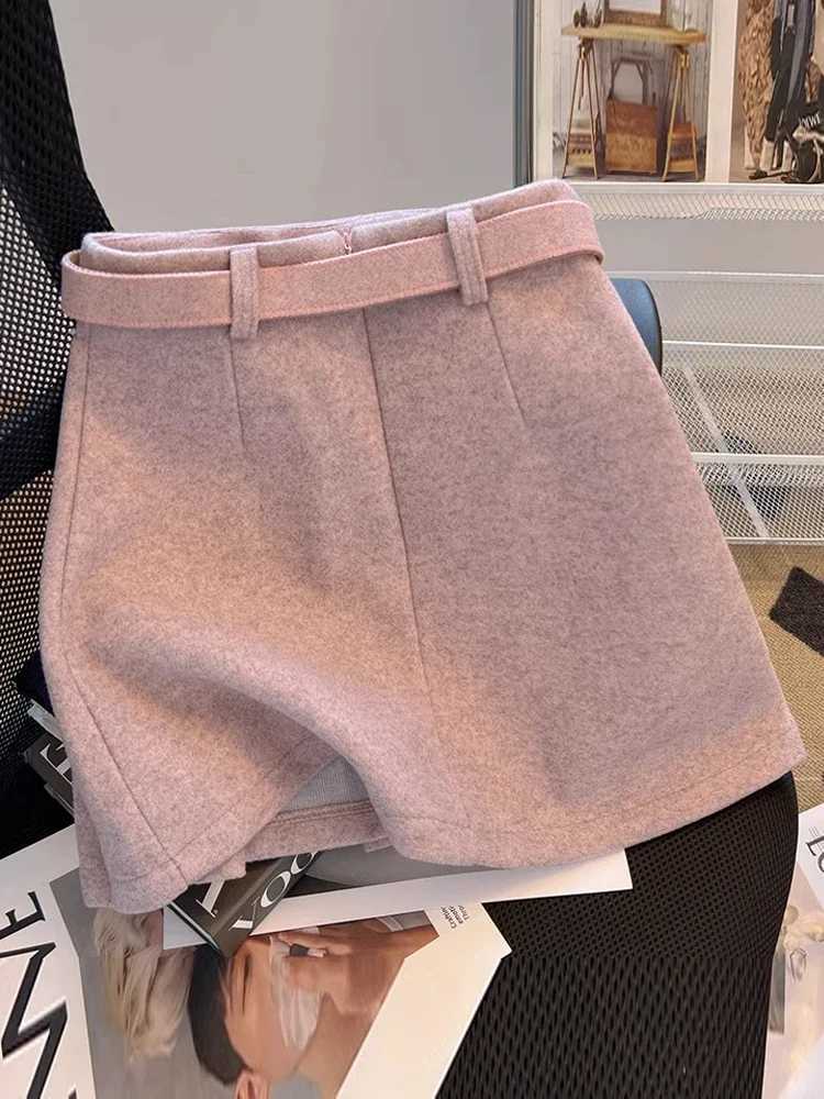 Pink Woolen Mini Skirt for Winter Women High Waisted Pleated A-line Woolen Skirt Korean Ele Pleated Short SkirtXJ241221