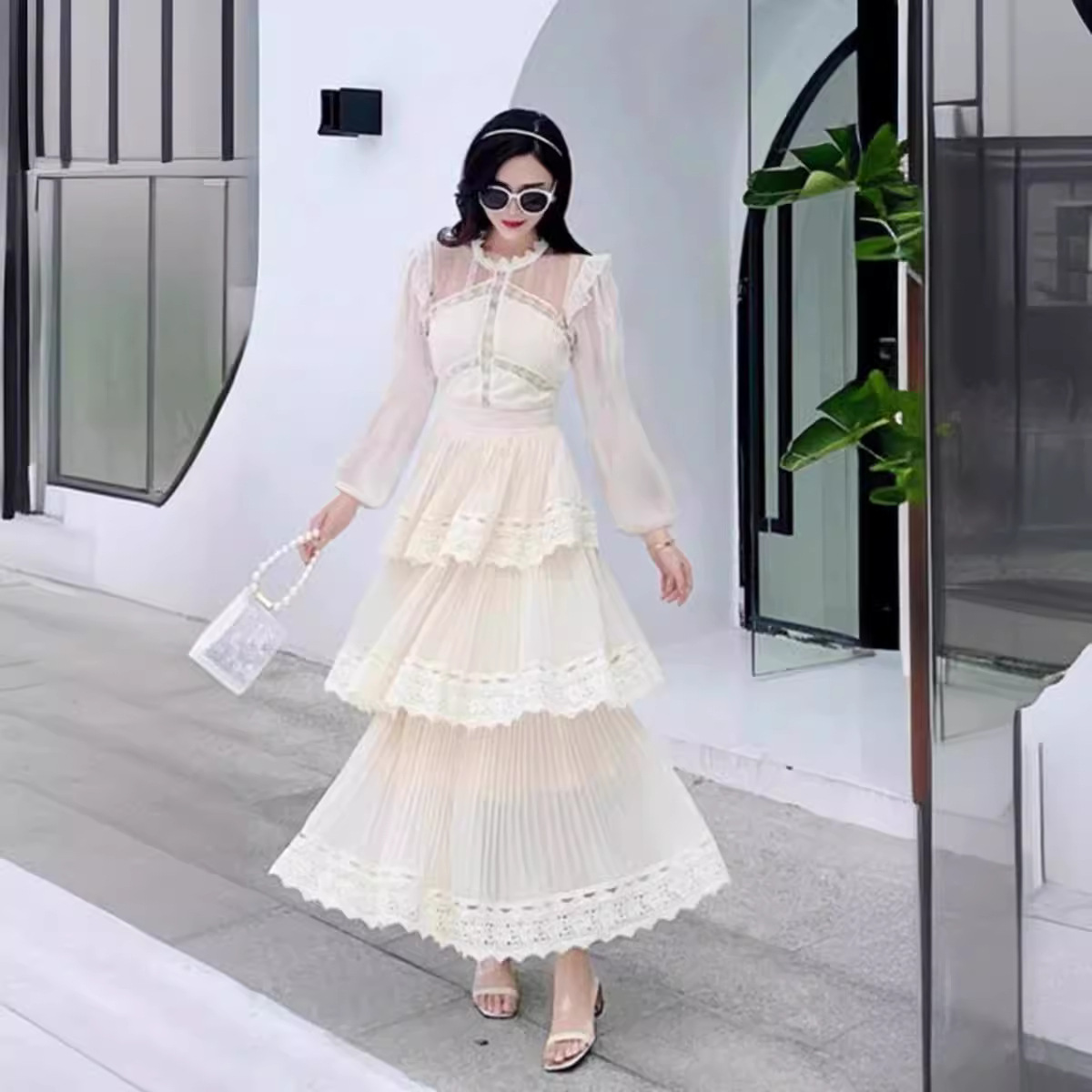 X175 Summer round neck pleated lace mesh cake skirt dress
