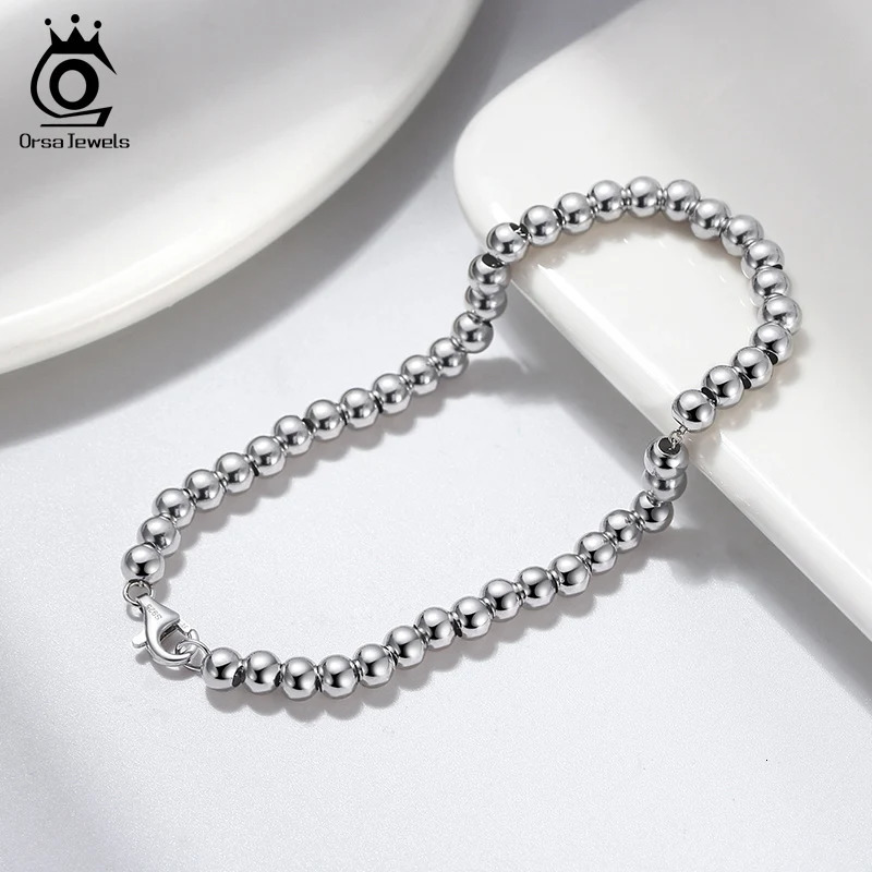 ORSA JEWELS 925 Sterling Silver Italian 4mm Round Ball Bead Strand Bracelet for Women Handmade Gold Bracelet Jewelry SB103 241220