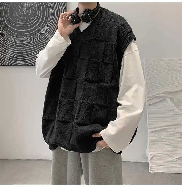 Spring Autumn Fashion Solid Casual Pullover Tess Vest Men Loose Knitted Top Student Preppy Style Sweater Gentle Retro PatchworkXJ241221