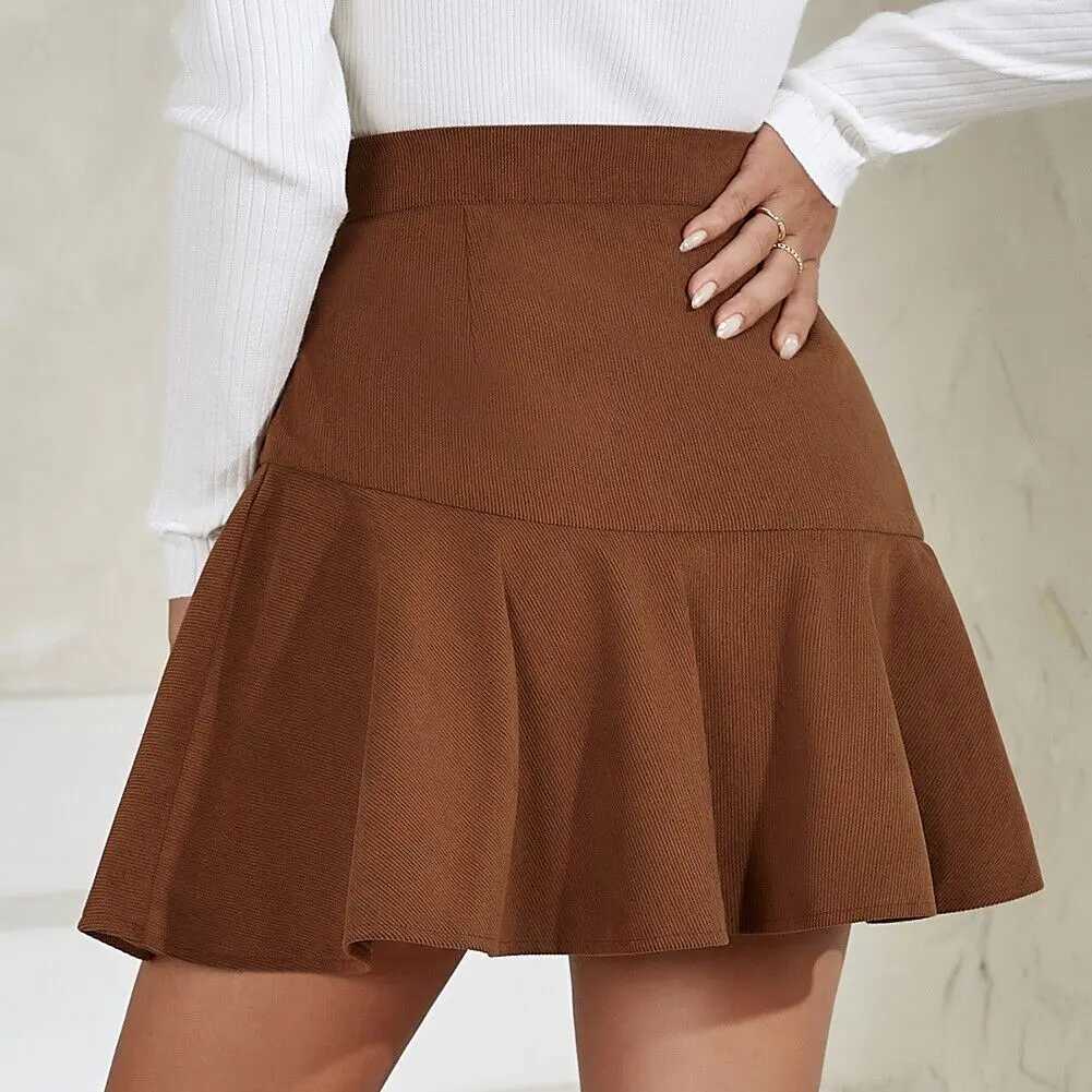 Solid A Line Ruffle Hem Skirt Versatile High Waist Skirt For Spring Fall Womens ClothingXJ241221